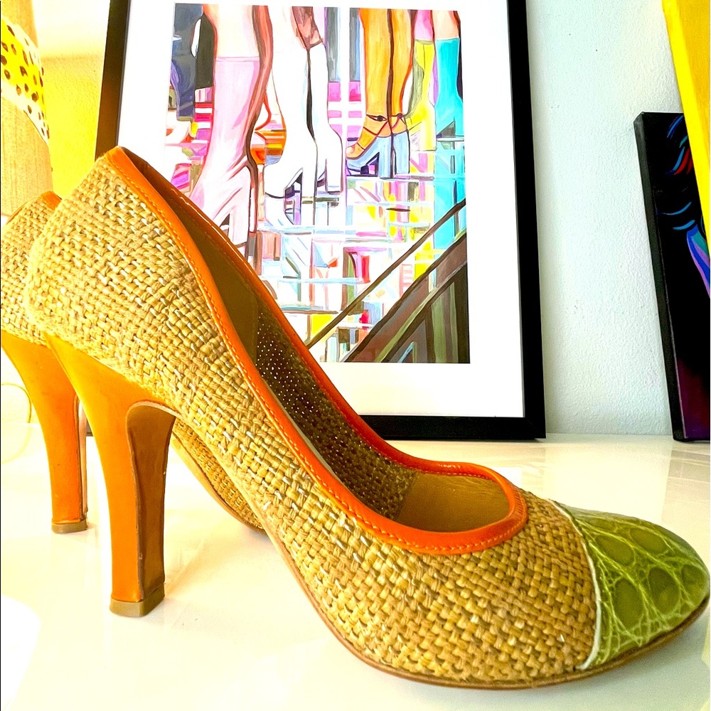 Prada pumps with orange heels and green toebox